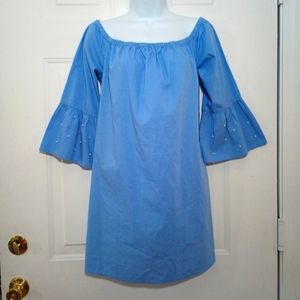 No Comment Blue Off Shoulder Ruffle Sleeve Dress. Size M